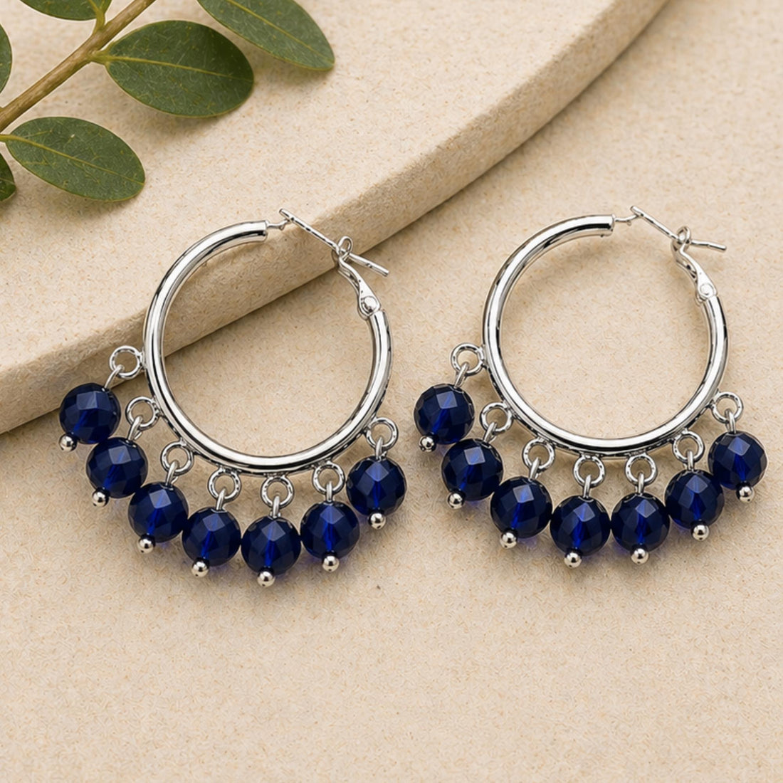 Silver Hoop Earrings with Sapphire Blue Beads