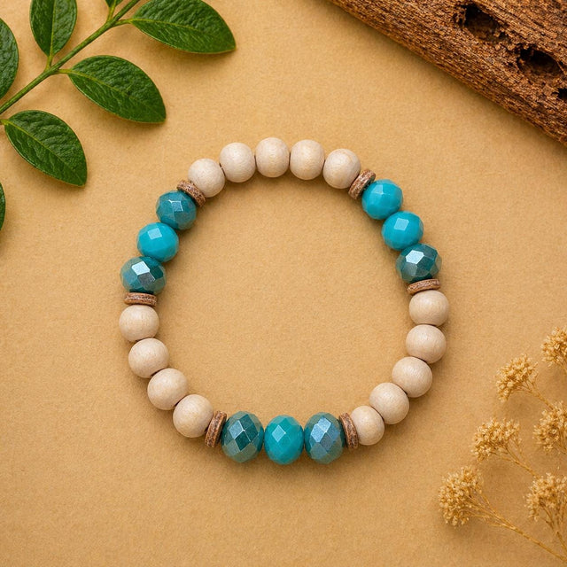 Boho Stretch Bracelet with 9 Accent Beads & Leather Spacers