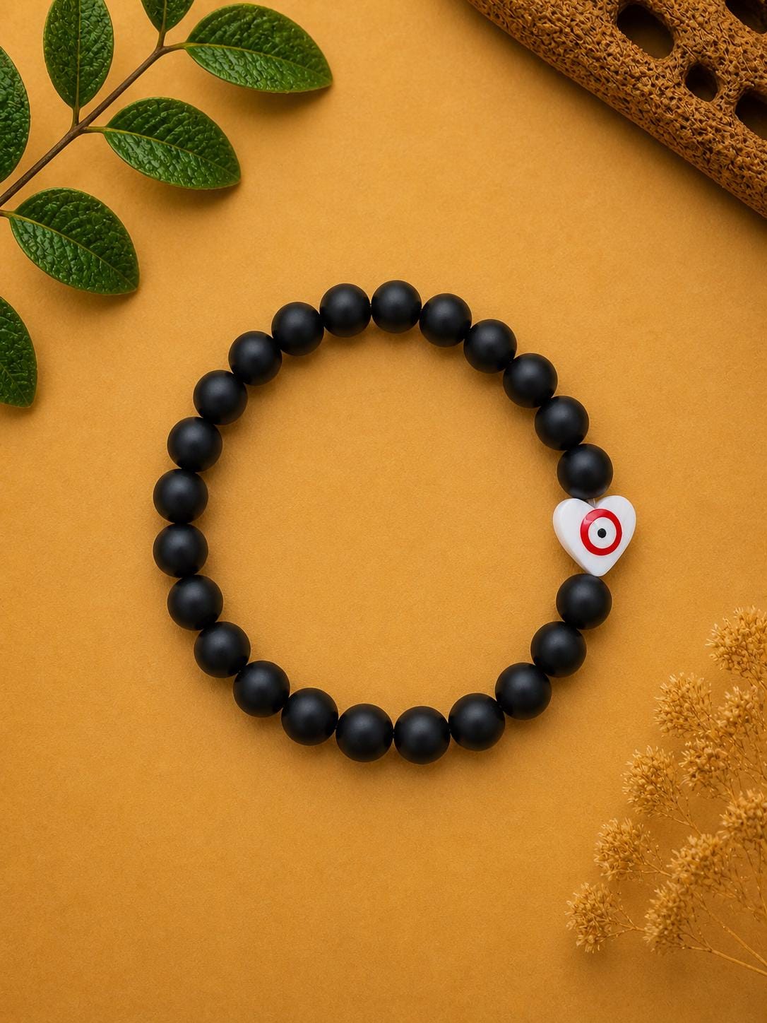 Matte Black Bead Bracelet With Evil Eye Heart Charm