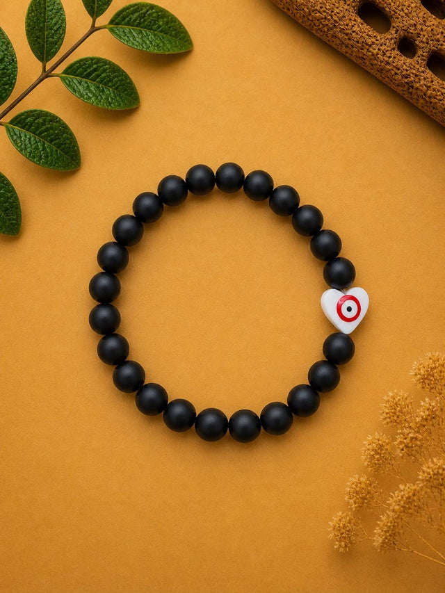 Matte Black Bead Bracelet With Evil Eye Heart Charm
