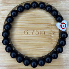 Matte Black Bead Bracelet With Evil Eye Heart Charm
