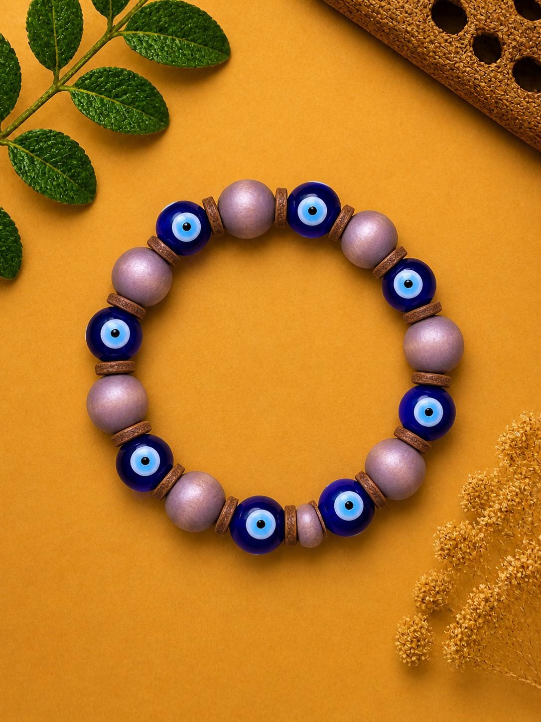 Evil Eye Wood Bead & Leather Spacer Bracelet